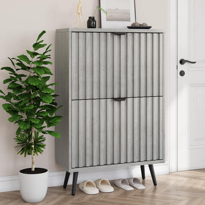 Smuxee Shoe Cabinet with 2 Flip Drawers, 23.6" Grey Hidden Shoe Storage Cabinet with Fluted Design, Freestanding Shoe Organizer Cabinet for Entryway, Hallway, Living Room, Closet