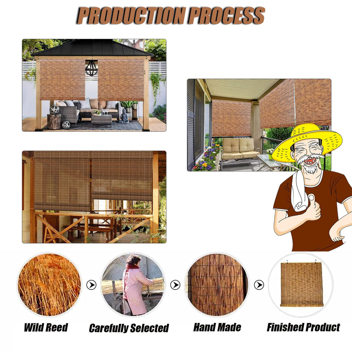 Bamboo Roll Up Shades Bamboo Shades for Patio Outdoor Blinds for Porch, Bamboo Roll Up Blinds Patio Shades Roll Up Outdoor Bamboo Blinds for Outdoor Patio 26×59in(W×H) Brown OCAZI