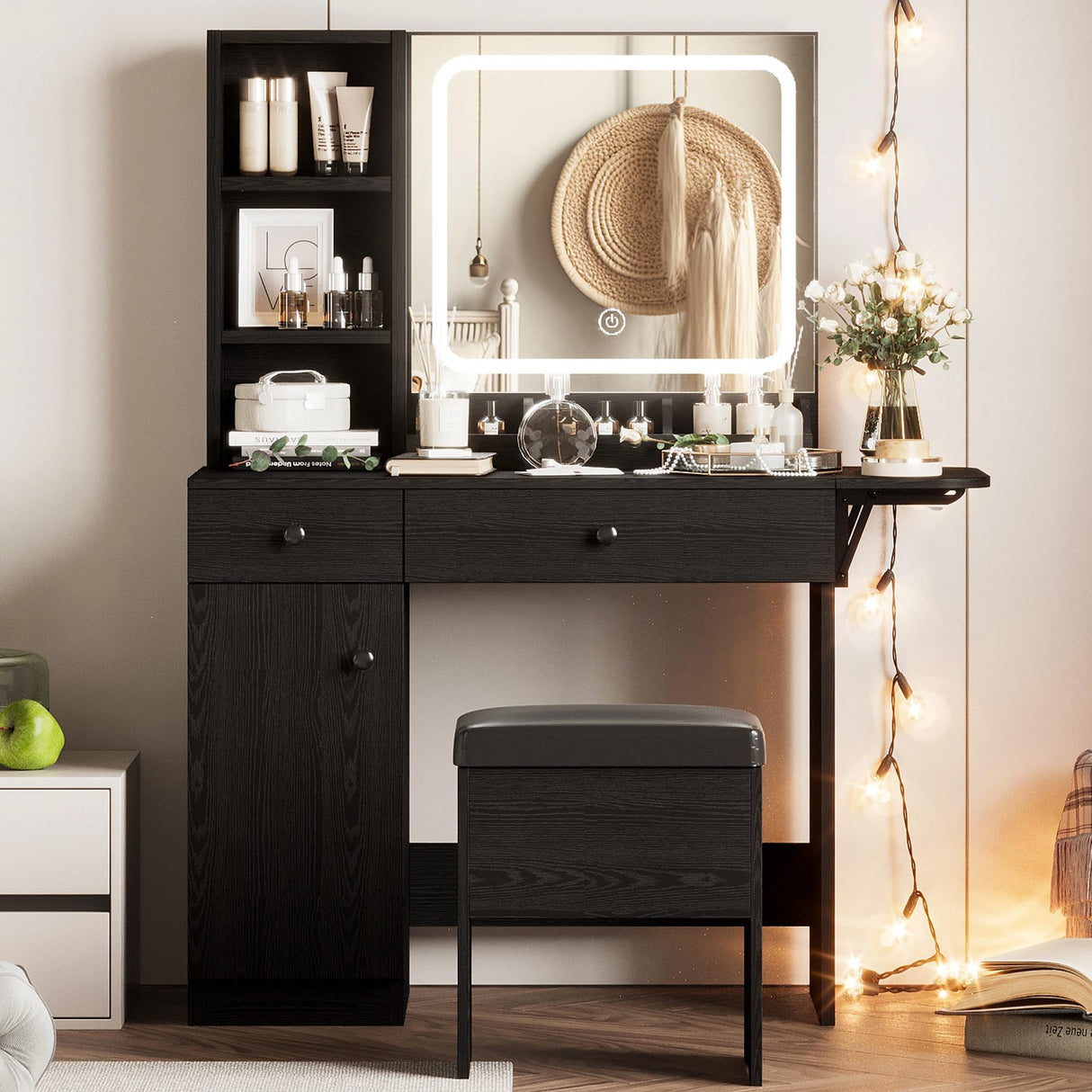 IRONCK Vanity Desk with LED Lighted Mirror & Power Outlet, Makeup Table with Drawers & Cabinet,Storage Stool,for Bedroom, Black IRONCK
