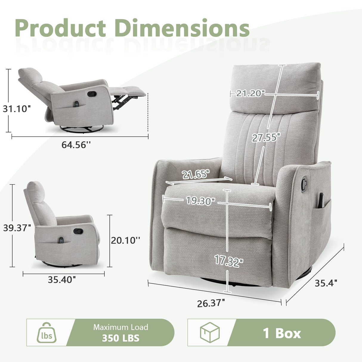 cinkehome Heated Massage Swivel Rocker Recliner Chair Nursery - Small Space Reclining Chair with Lumbar Support, 360° Swivel & Gentle Rocking, Ergonomic High Back Chenille Fabric Beige cinkehome