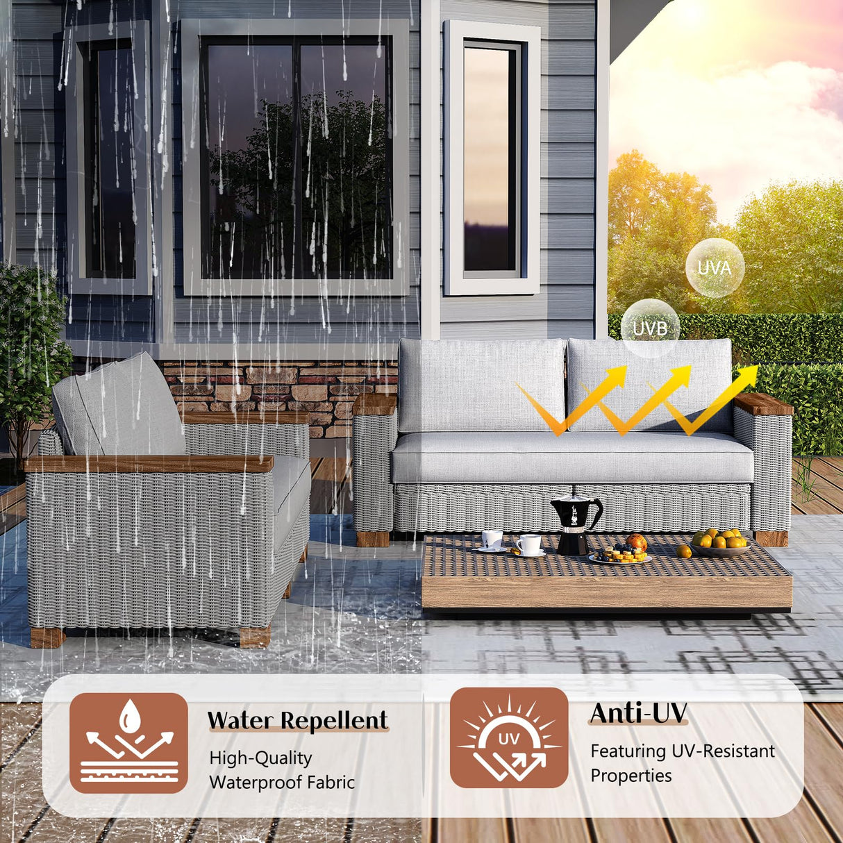 LUXOAK 4-Piece Outdoor Patio Furniture Set, All-Weather Wicker Sofa with 5.9" Solid Wood Armrests, Wooden Legs, and Cushions – Sectional Conversation Set for Backyard, Porch, Garden, or Poolside LUXOAK