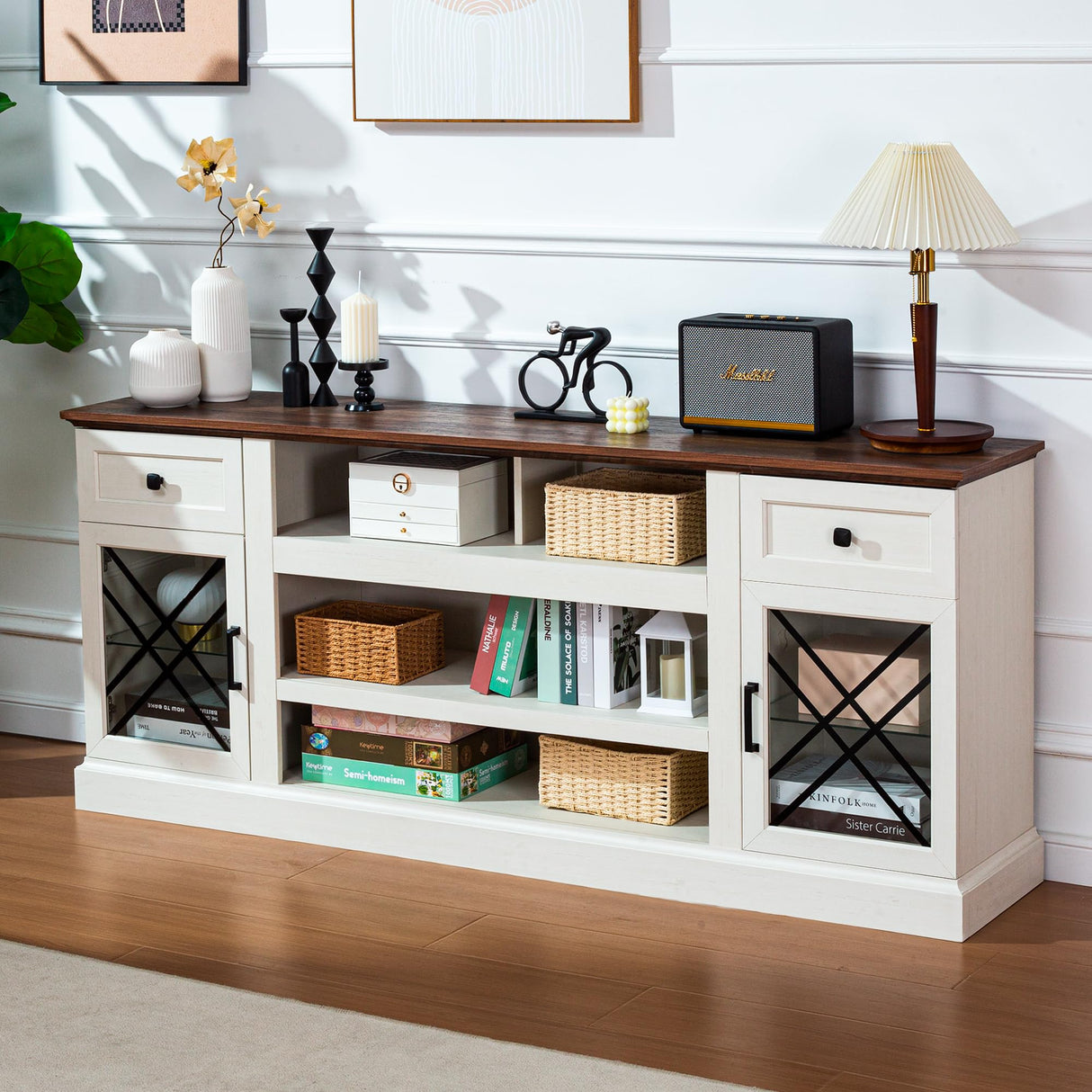 ENOUSHU 70 inch Farmhouse TV Stand Table for 75 80 inch TV, Modern Entertainment Center with LED Lights and Glass Doors, Wooden White tv Stands for Living Room ENOUSHU