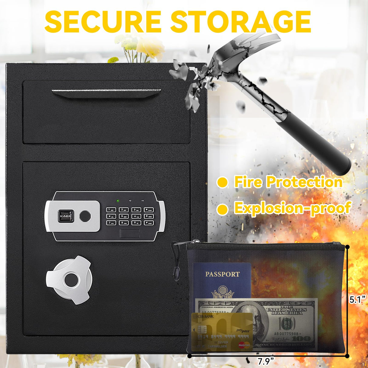 2.6 CUB Depository Drop Safe Fireproof, Front Drop Slot Lock Box with Digital Combination and Anti-Fishing, Silent Deposit Safe Box, Security Money Safe for Cash Slips Expense Business Office Home KAER