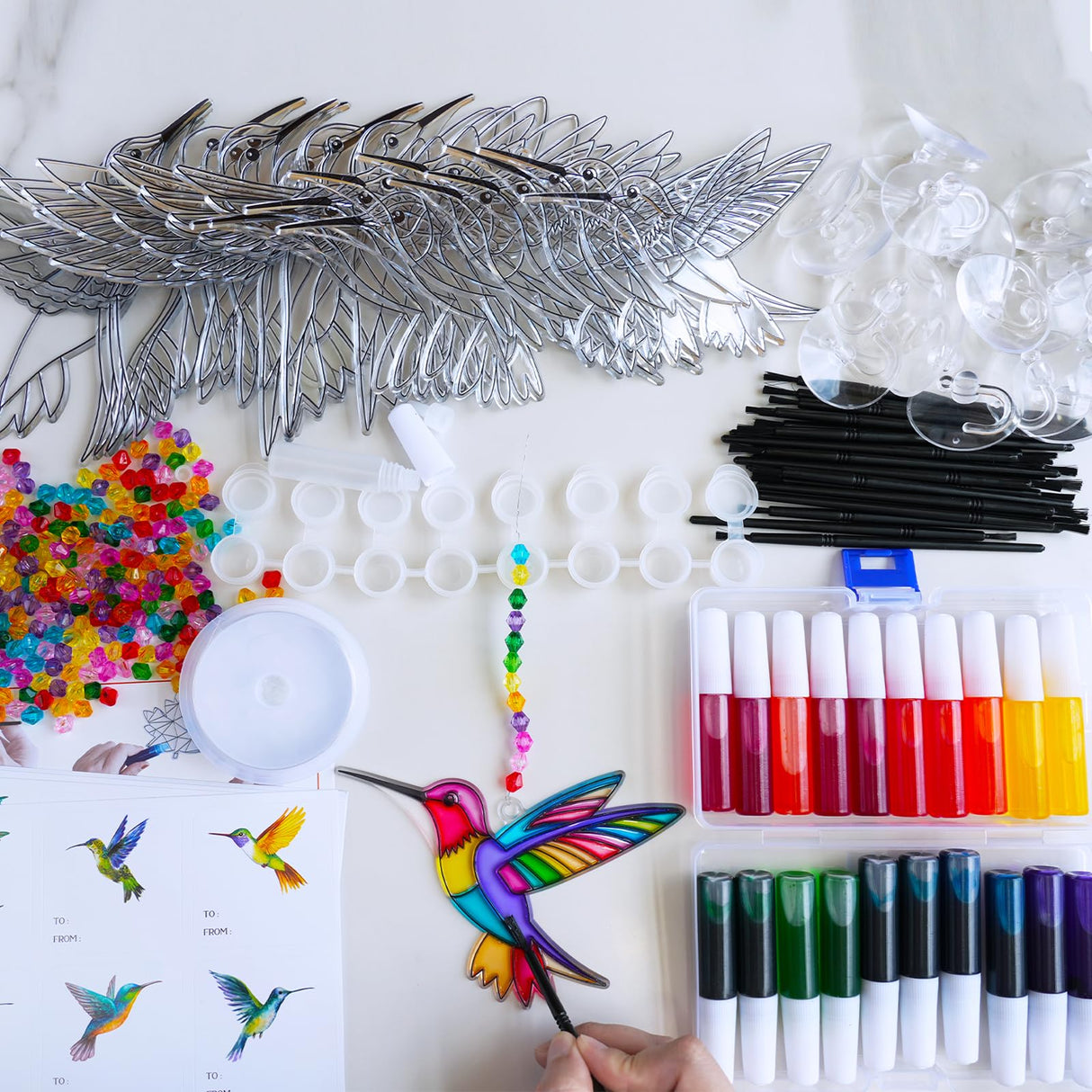 Winlyn 24 Sets Hummingbird Suncatcher Decorations DIY Window Paint Art Craft Kits Rainbow Bird Painting Kit for Kids Classroom Activities Birthday Spring Summer Camping Party Art Project Winlyn