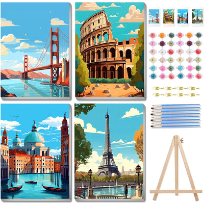 xcemhil 4 Pack Paint by Number for Adults Canvas with Wooden Frame, Paint by Number Kit for Adults Landscape, Famous City Paint by Numbers with Wooden Easel for Home Wall Art Decor Use 8x12 Inch