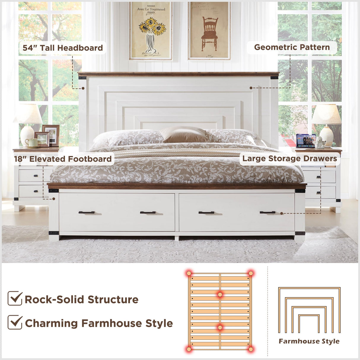 RedLemon Antique White Farmhouse Queen Bed Frame with 54" Geometric Headboard and Storage Drawers RedLemon