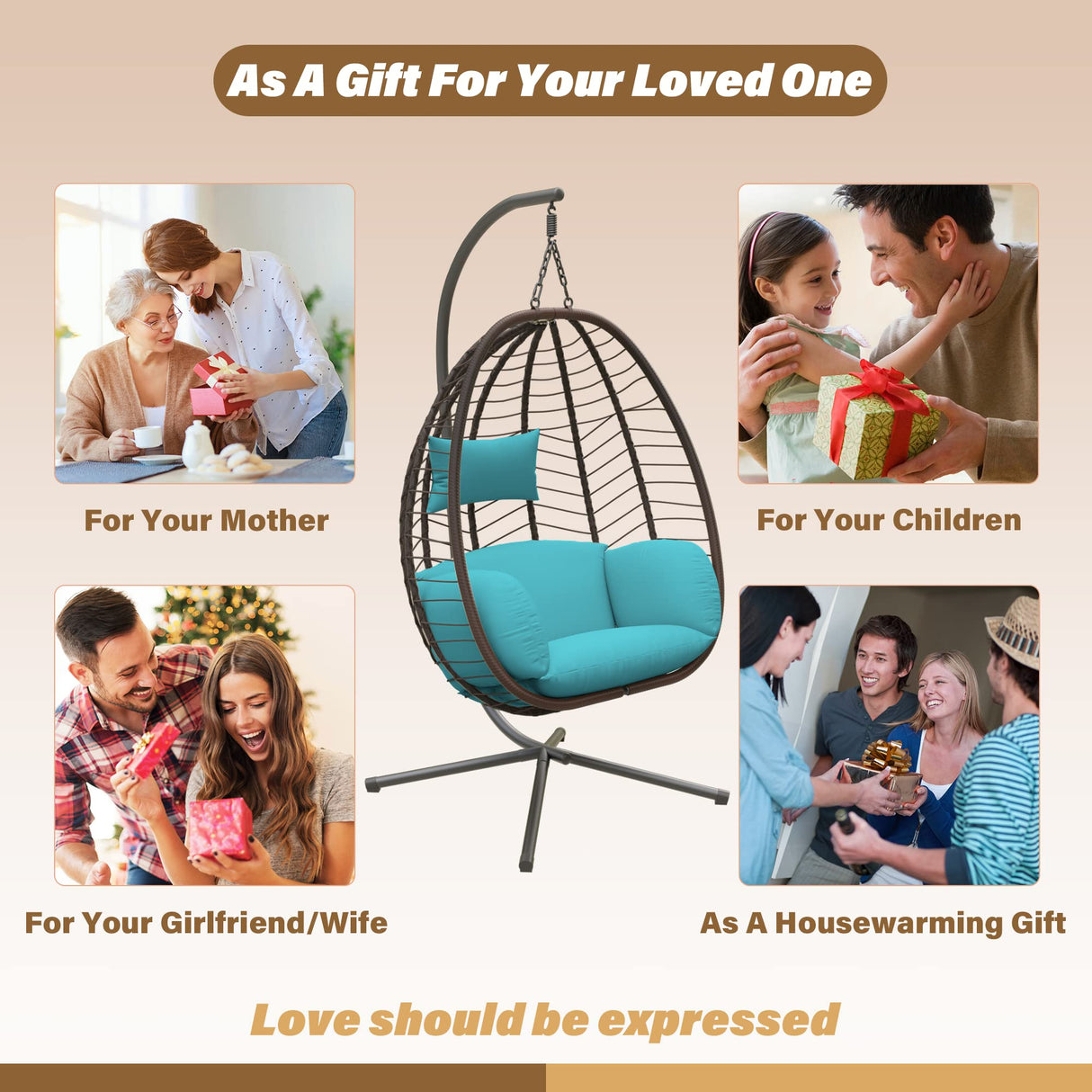 ALAULM Egg Swing Chair Outdoor Indoor Wicker Rattan Hanging Chair with Stand 350lbs Capacity w/Strong Frame & Blue Cushions for Patio Balcony Bedroom ALAULM