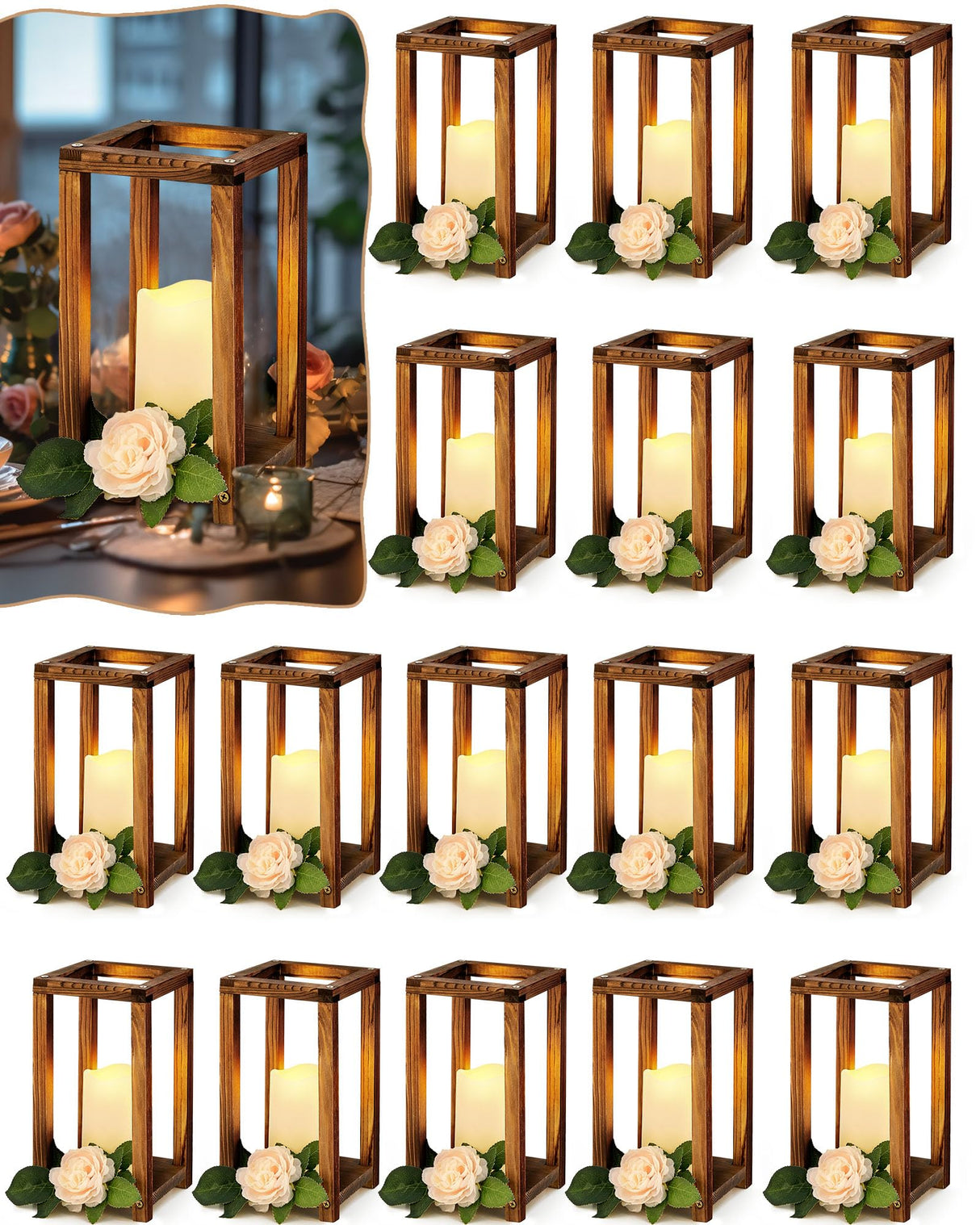 Huquary 32 Pcs Wooden Candle Lantern Bulk Wedding Lantern Centerpiece includes 16 Farmhouse Wooden Candle Holder and 16 Flameless Decorative LED Candles for Wedding Country Table Decoration Huquary