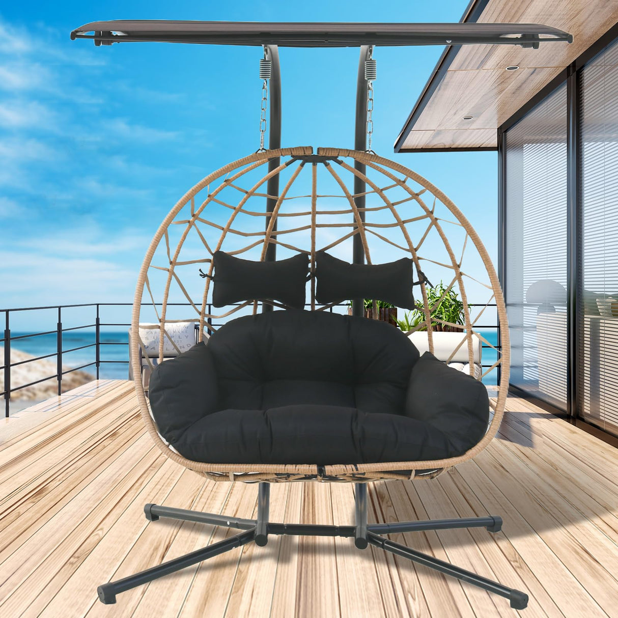 Jadoxy 2 Person Hanging Egg Chair with Canopy, Outdoor Rattan Swing Hammock Basket Chair with Soft Cushion, Wicker Egg Chair for Outdoor Patio, Balcony, Garden (Black) Jadoxy