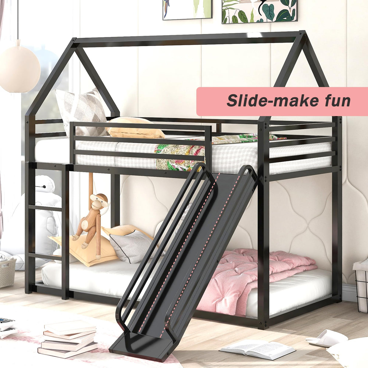 Merax Modern Twin Over Twin Heavy Steel Low Bunk Bed with Ladder and Slide, House Shaped Bunk Bed Frame with Full Lenght Guardrail, No Box Spring Needed, Space-Saving, Black Merax