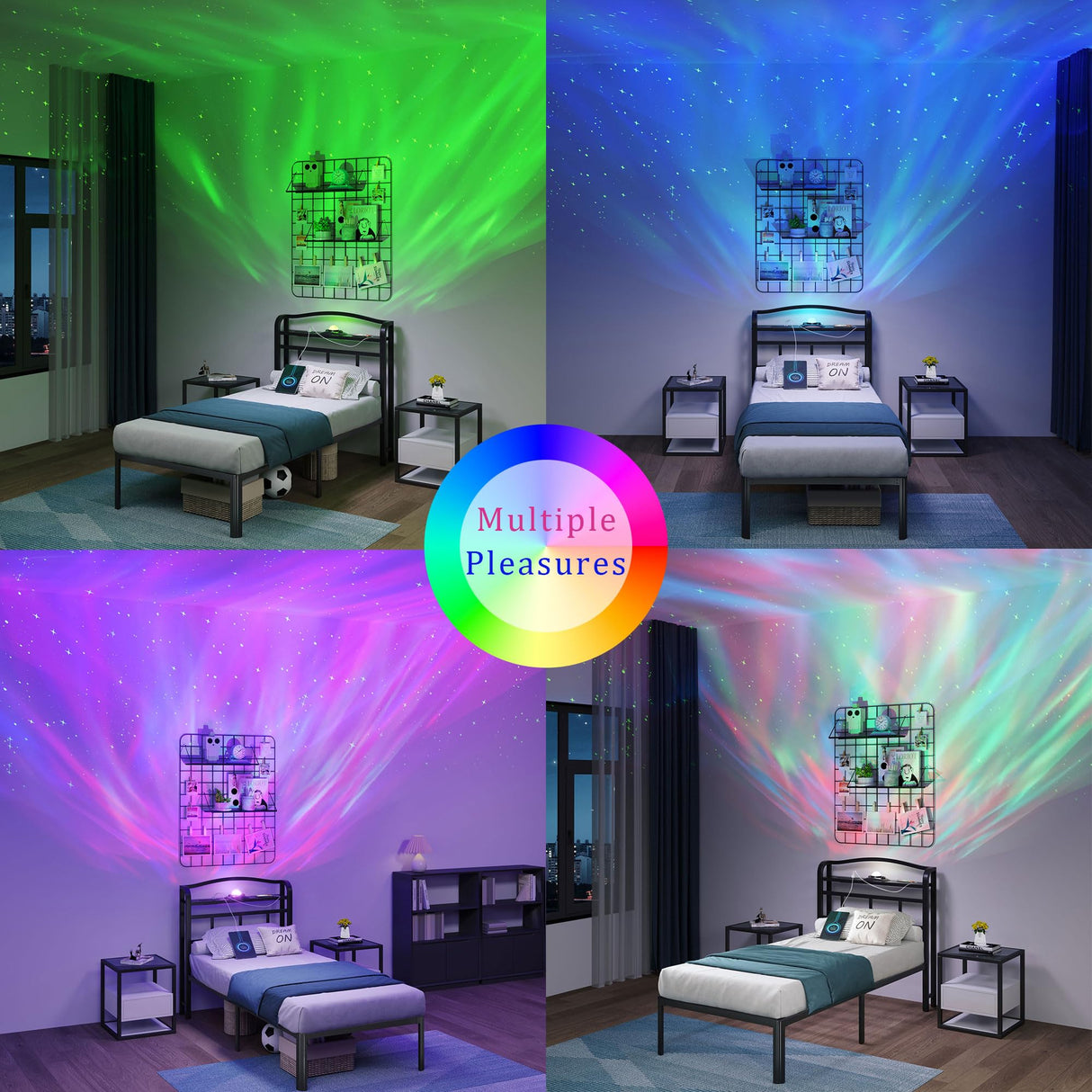 SHOANED Twin Size Metal Bed Frame - 14 Inch Heavy Duty Bedframe with Headboard & Charging Station Basic Steel Slats Platform with Galaxy Aurora Projector No Box Spring Needed, Noise-Free SHOANED