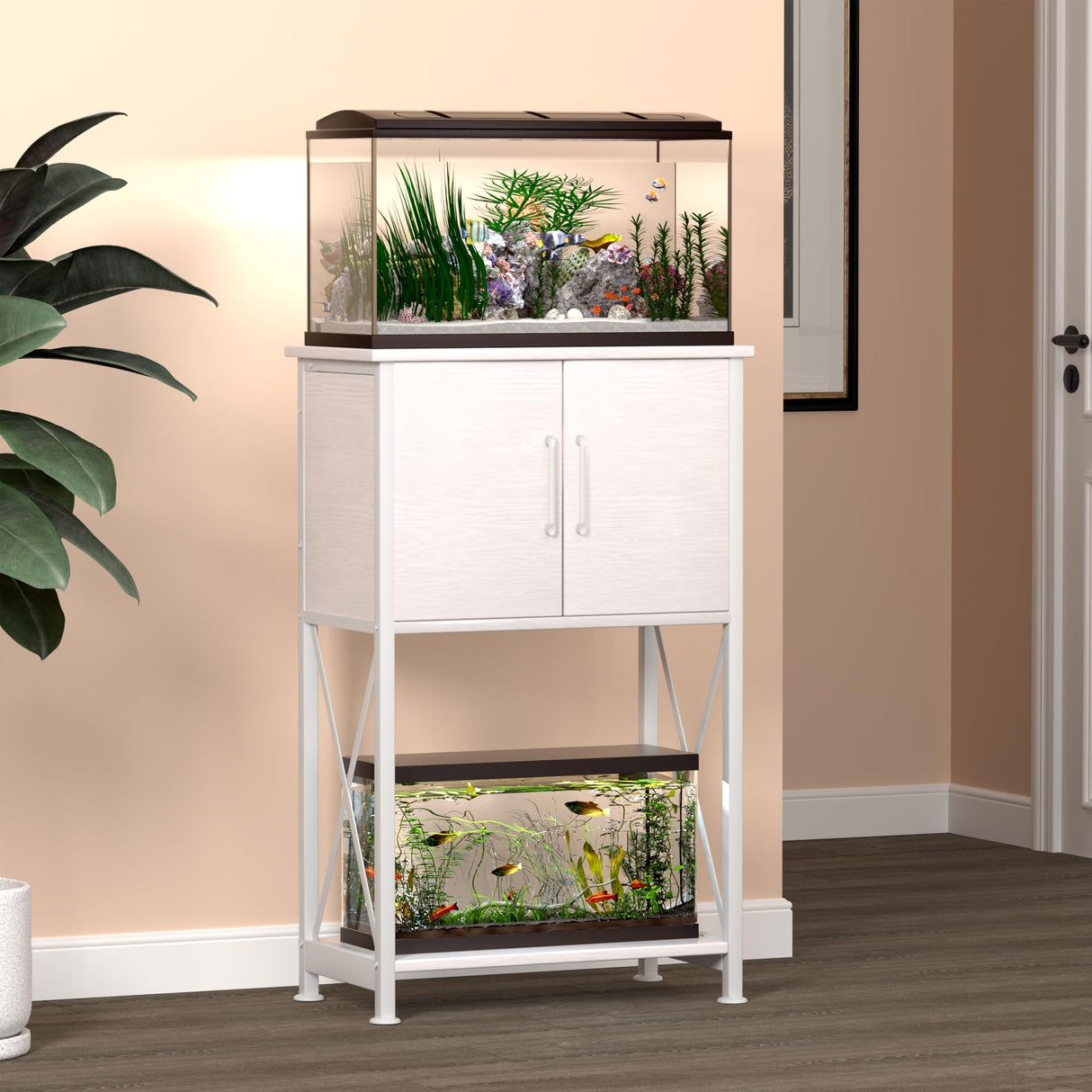 Herture 5-10 Gallon Fish Tank Stand, Metal Double Aquarium Stand with Cabinet for Fish Tank Accessories Storage, Heavy Duty 20.5" L* 11.02" W Tabletop, 500LBS Capacity White PG06YGW Herture