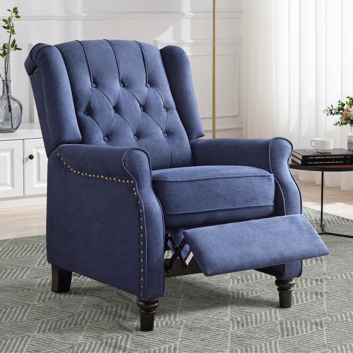 CANMOV Push Back Recliner Chair,Accent Chair, Mid Century Wingback Recliner, Fabric Push Back Recliner Chair Single Armchair Sofa with Rivet Decoration, Button-Tufted Back for Living Room,Dark Blue CANMOV