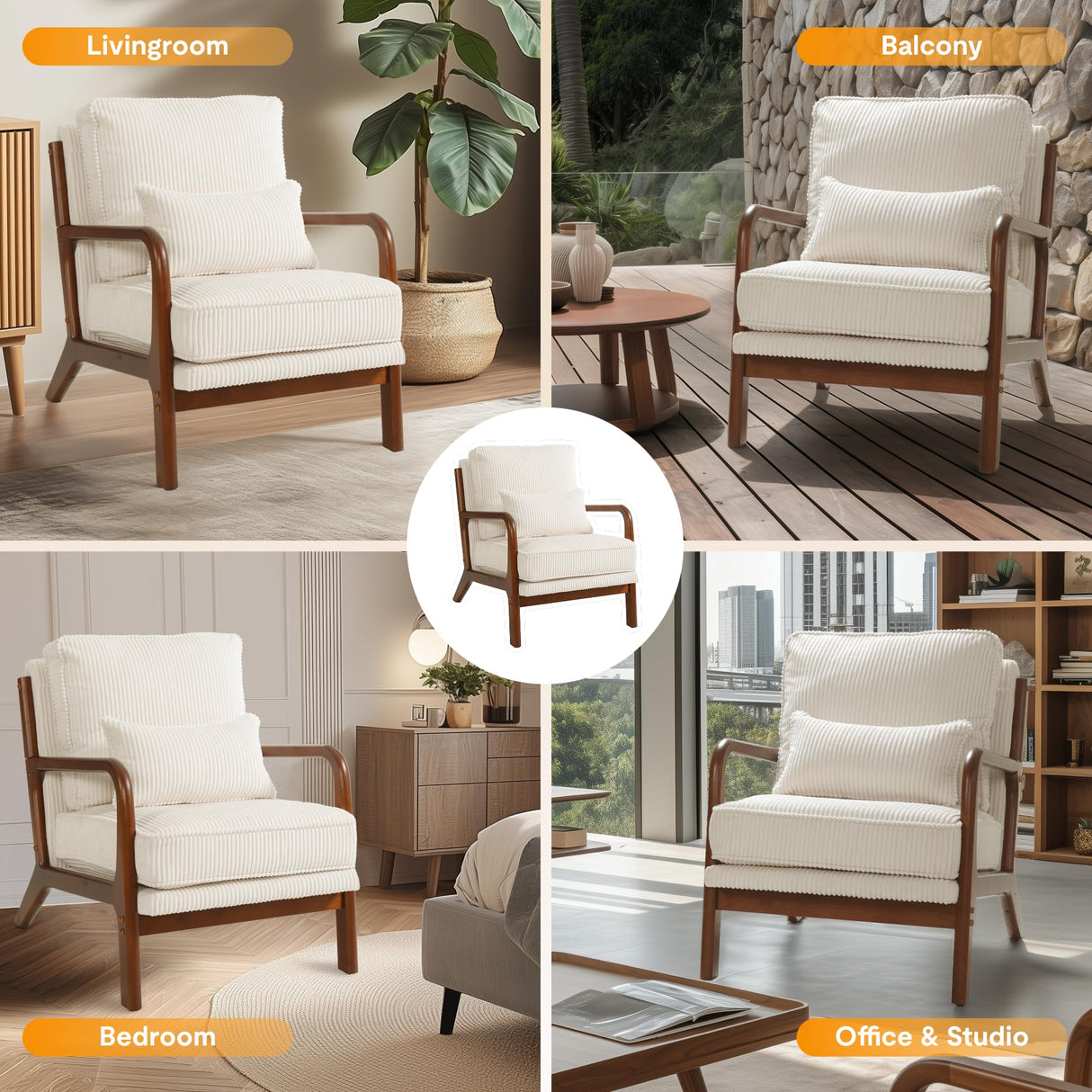 FLEXISPOT AC1 Accent Chairs Set of 2, Upholstered Mid Century Modern Corduroy Armchairs with Solid Wood Frame, Comfy Lounge Reading Chairs Farmhouse Armchairs for Living Room, Bedroom, Balcony (White) FLEXISPOT