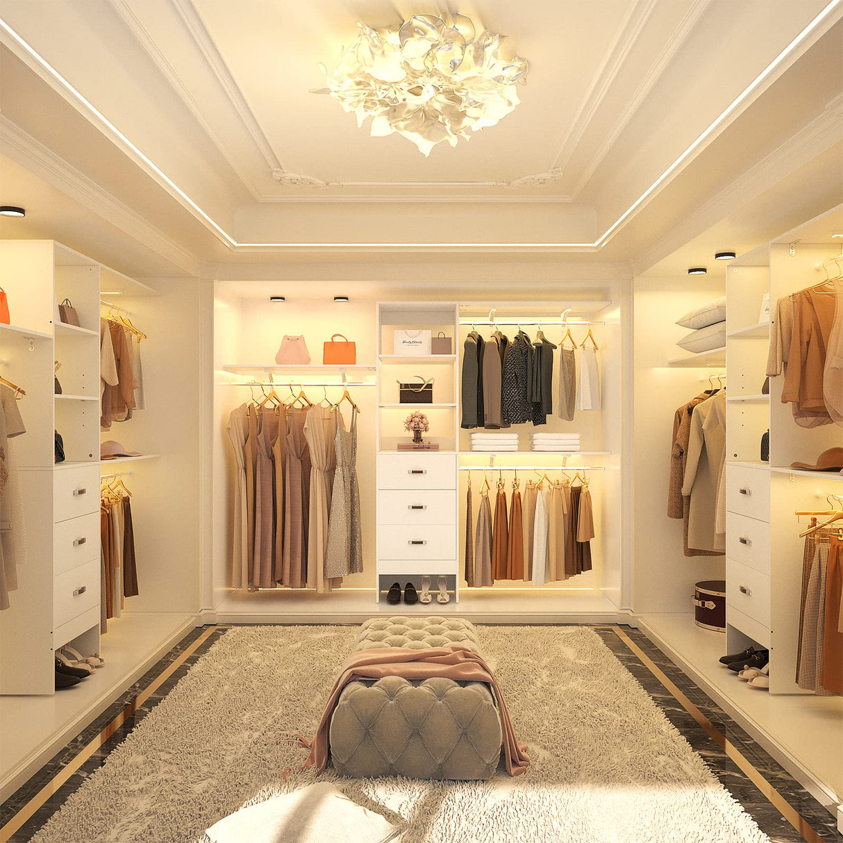 Armocity 96 Inches Closet System, 8FT Walk In Closet Organizer with 3 Shelving Towers, Heavy Duty Clothes Rack with 3 Drawers, Built-In Garment Rack, 96" L x 16" W x 75" H, Max Load 1000 LBS, White armocity