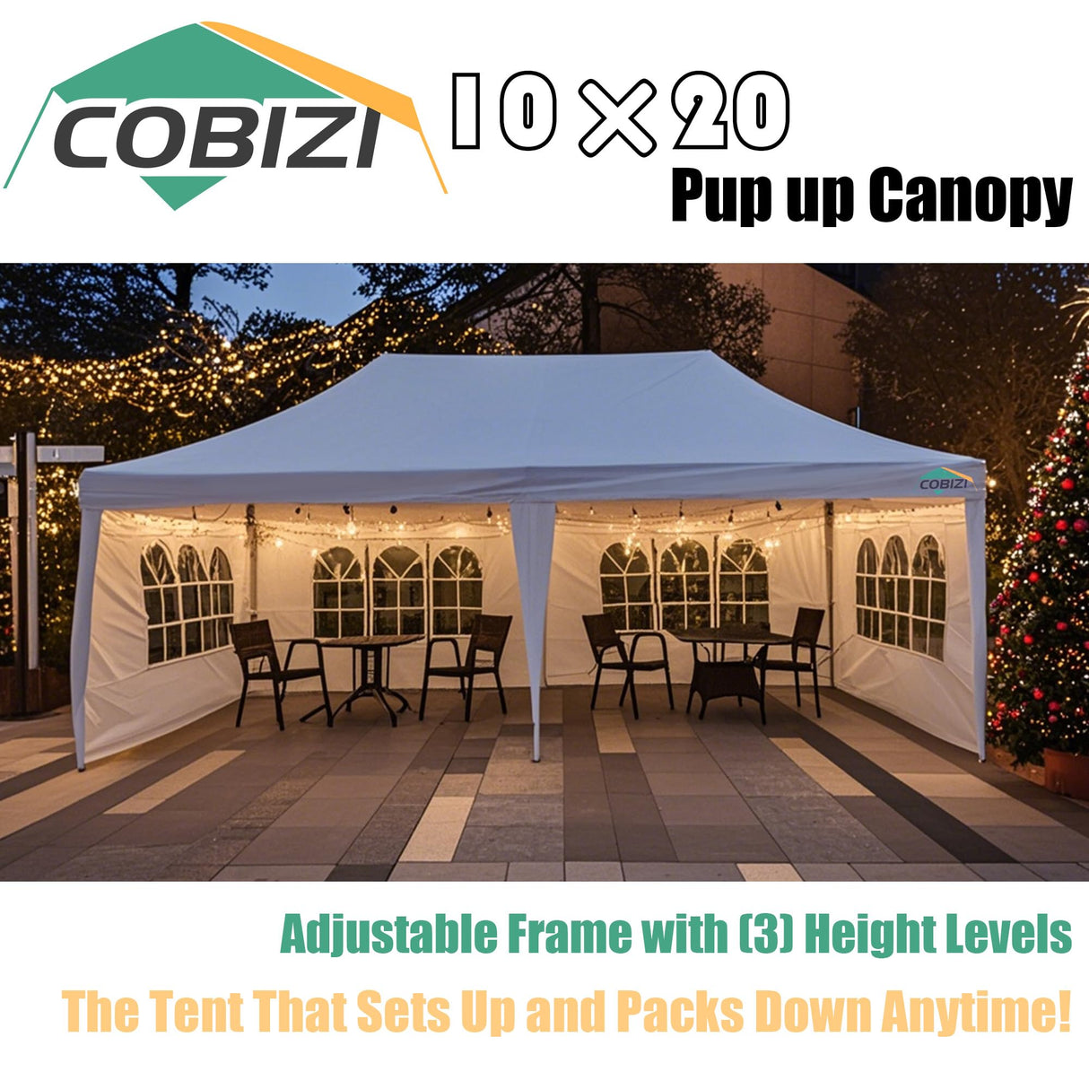 COBIZI 10x20 Pop Up Canopy with Sidewalls,Waterproof & UV50+,Tents for Parties,Outdoor Gazebo for Backyard,Suitable for Weddings, Events,and Markets,Vending White COBIZI