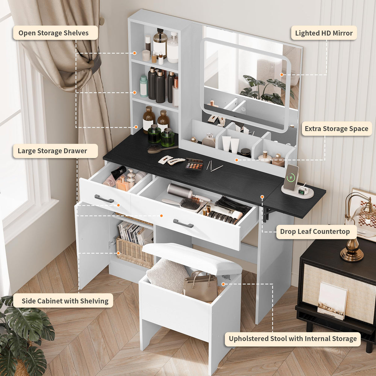 Esmlada Large Vanity Desk with Mirror and Light, Makeup Vanity Table and Cushioned Stool Set, Bedroom Dressing Table with Charging Station and 3 LED Light Modes Brown Esmlada