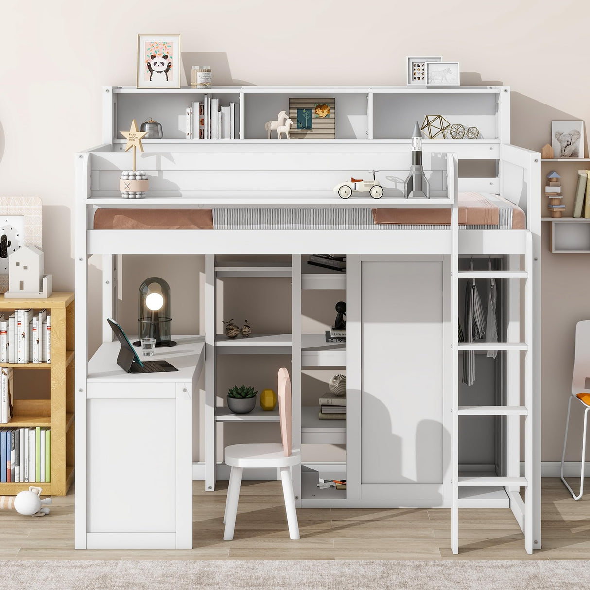 SOFTSEA Twin Loft Bed with Desk, Wardrobe, and Bookcase in White for Space-Saving Style SOFTSEA