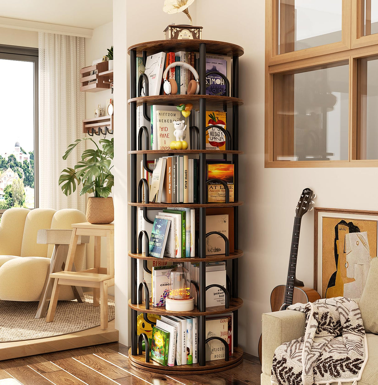 Aheaplus 6 Tier Rotating Bookshelf Tower, Revolving Bookcase, 360° Round Spinning Book Shelf, Narrow Swivel Bookshelves Vertical Turning Corner Bookshelf Organizer for Small Space, Rustic Brown Aheaplus