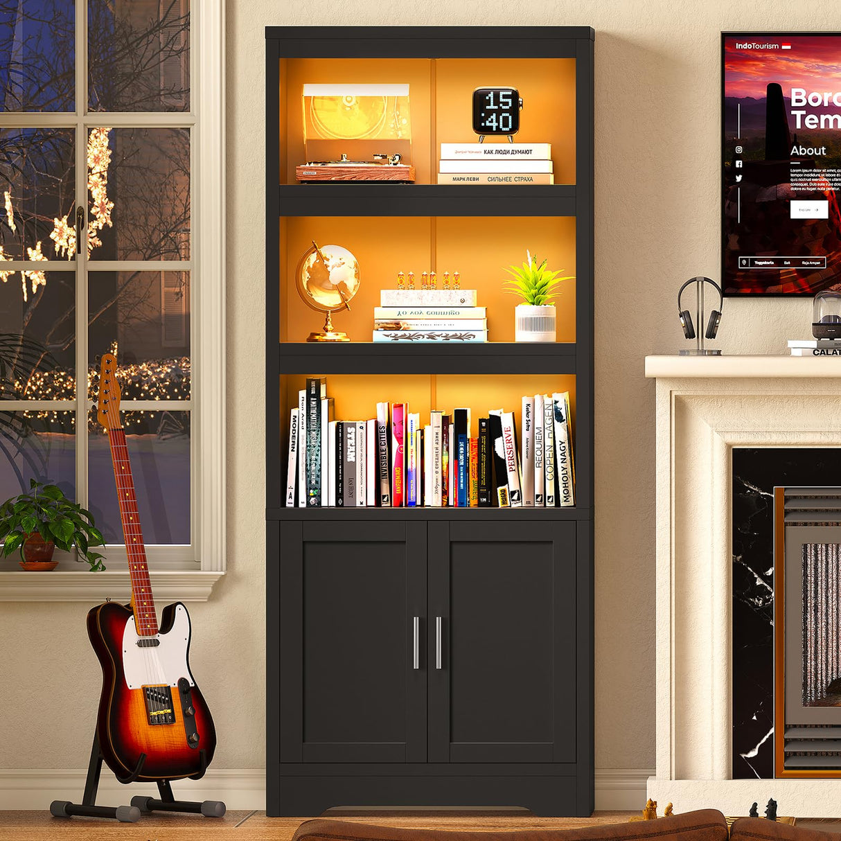 Book Shelf and Bookcase with Doors, 5-Tier Display Storage Cabinet with Adjustable Shelves, Open Compartments, Remote Control LED Lights, Tall cabinet for Bathroom Kitchen Living Room, Home Office TEENFON