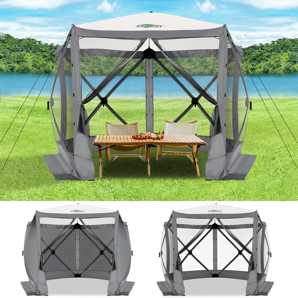 COBIZI 10x10ft Pop up Gazebo Screen House for Camping, Pop-up Camping Canopy Tent with Sidewalls,Portable Outdoor Quick-Set Hub Tent with Carrying Bag&Ground Stakes,Gray(Upgraded 2.0) COBIZI