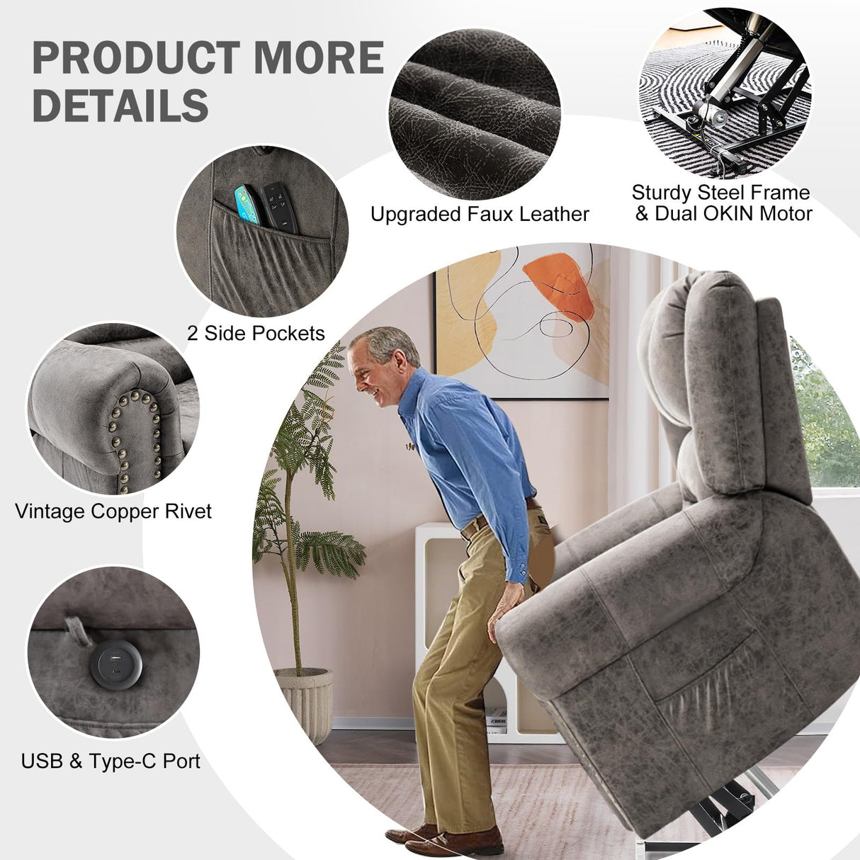 CDCASA Dual Motor Lay Flat Lift Chairs Recliners for Elderly with Massage and Heat, Breathable Leather Infinite Position Large Sleeping Electric Power Lift Chair Recliner for Seniors, Grey CDCASA