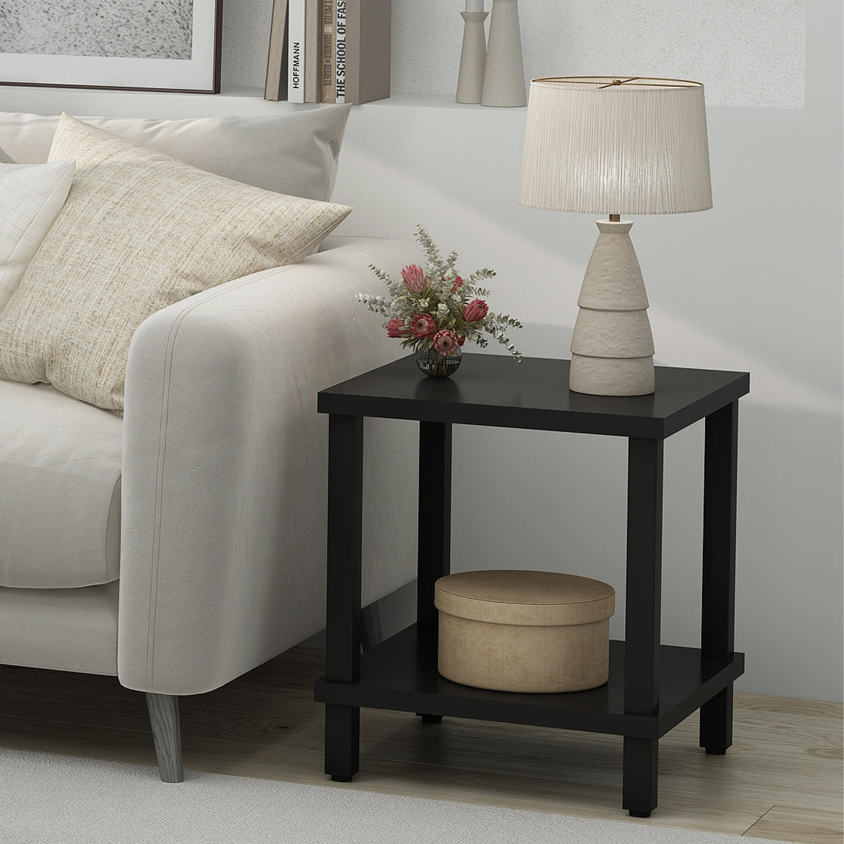 MMEOLUOOK Large End Table Square Side Table Modern Sofa Table 20 Inch Industrial Coffee Table NightStand with 2-Tier Storage Shelf for Living Room Bedroom Black MLBZ06B