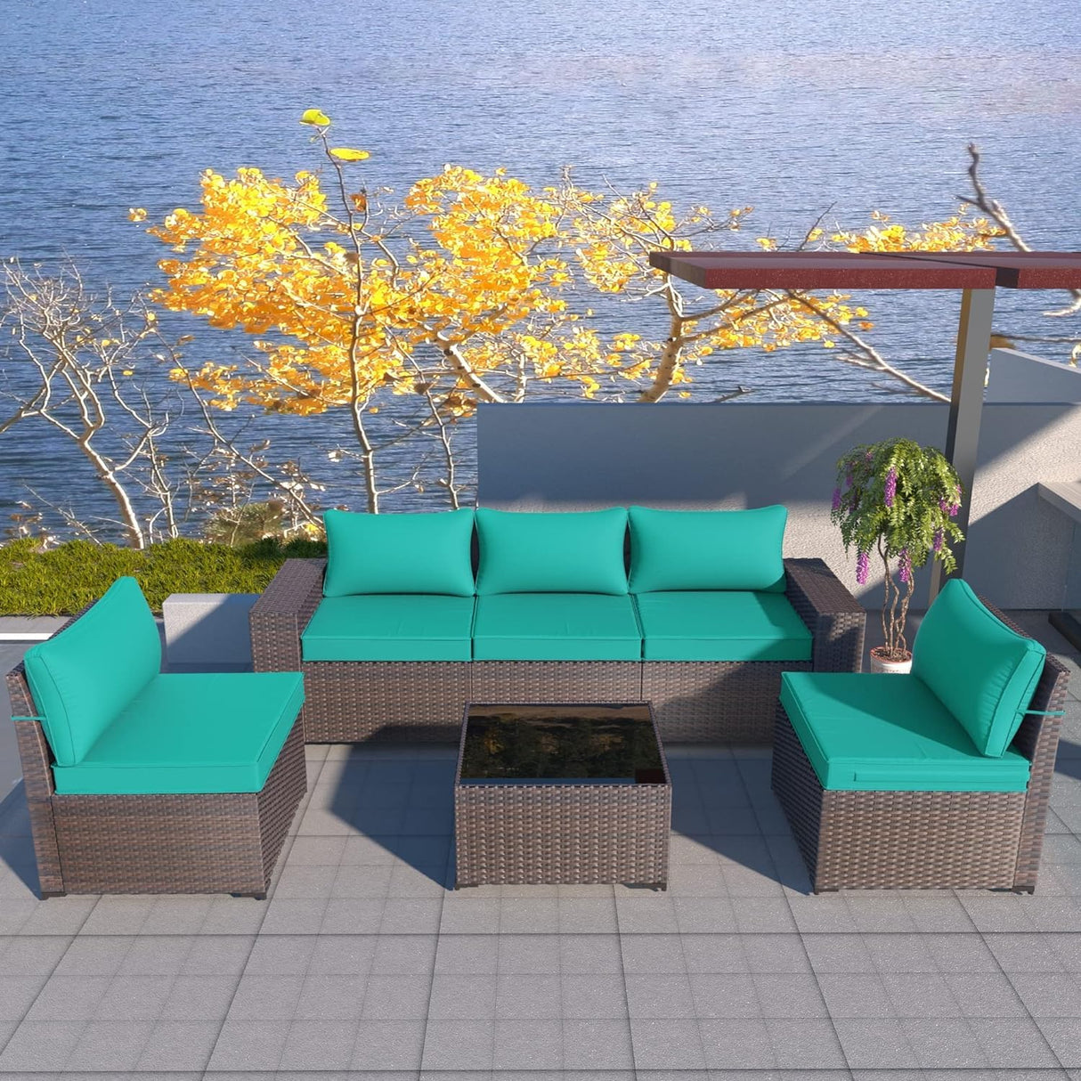 RTDTD Outdoor Patio Furniture Set, 6 Pieces Outdoor Furniture All Weather Patio Sectional Sofas PE Wicker Modular Conversation Sets with Coffee Table,5 Chairs & Seat Clips Turquoise Blue. RTDTD