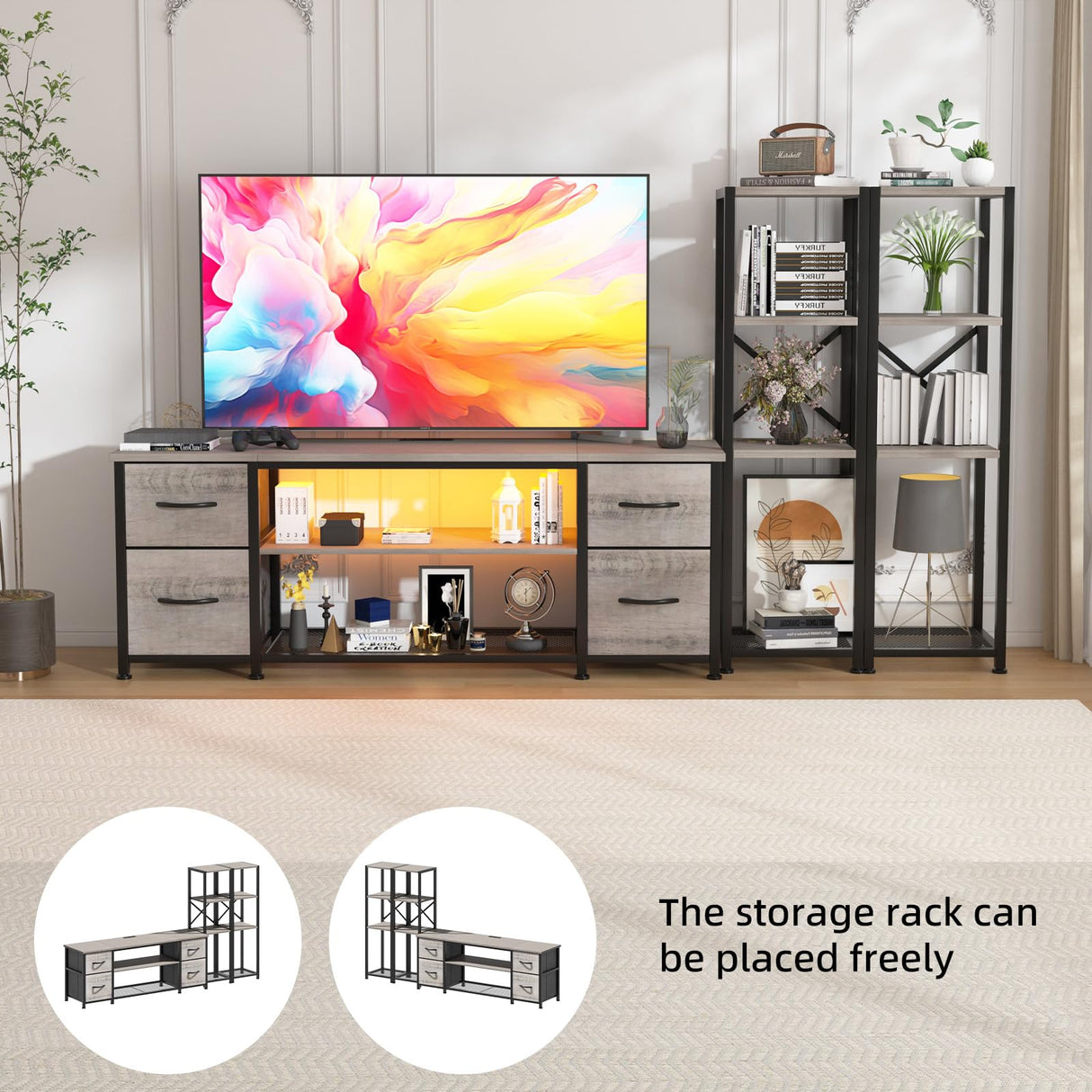 Yenlure LED TV Stand 60 Inch for Living Room with Charging Station, Entertainment Center with 2 Industrial Bookshelves, Modern Console Cabinet with Storage Drawers (Greige) Yenlure