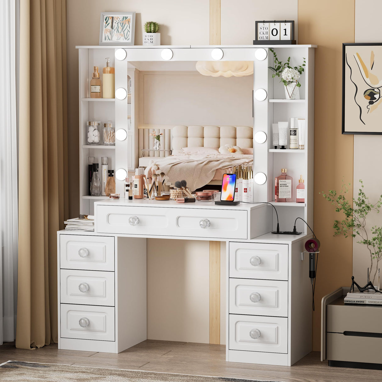 FURNJOYLIFE Farmhouse Makeup Vanity with Lighted Mirror & Charging Station, Vanity Desk Dresser Table with 3 Lighting Modes Brightness Adjustable,Drawers,Shelves,Hair Dryer Stand for Bedroom,White FURNJOYLIFE