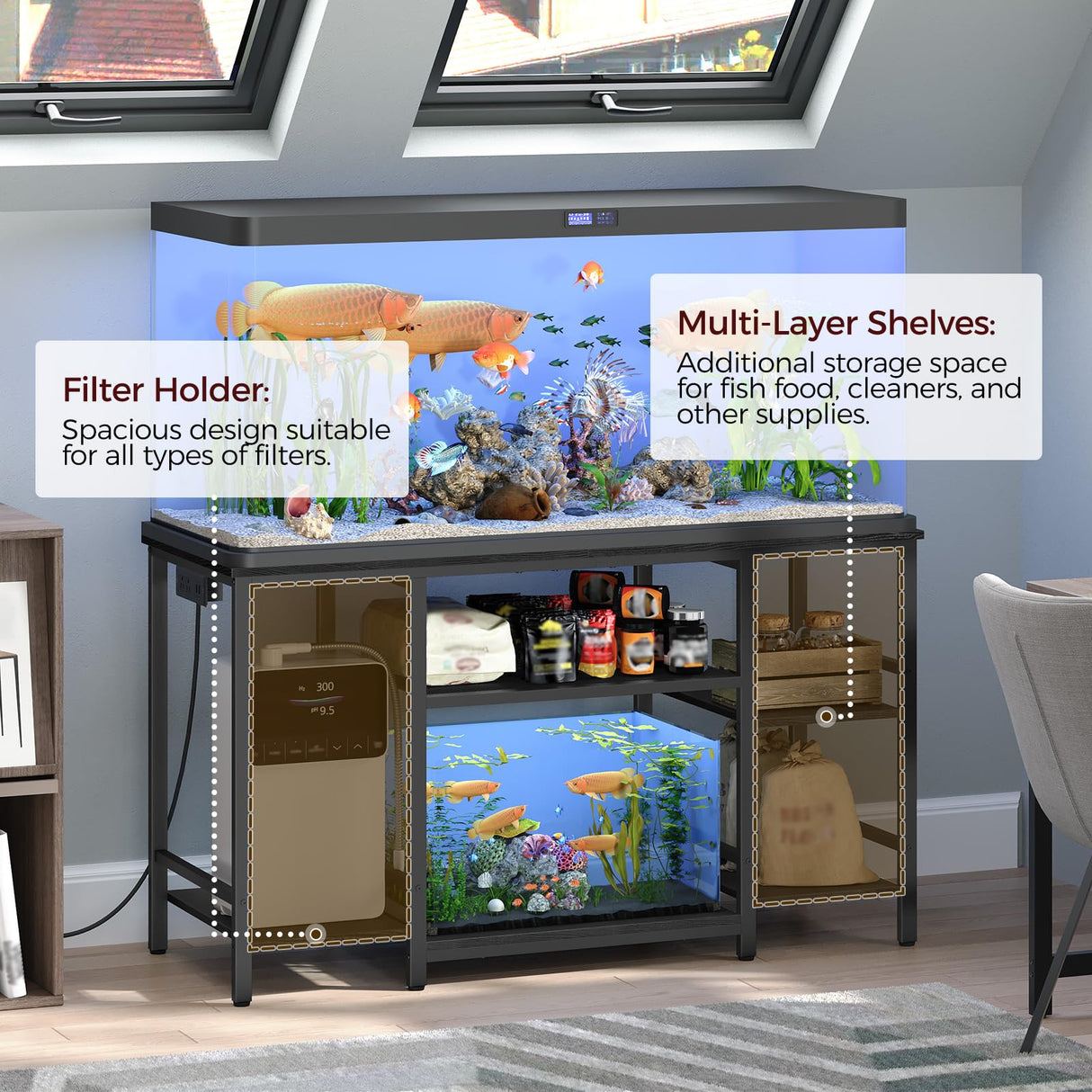 MAHANCRIS 55-75 Gallon Fish Tank Stand with Power Outlet, 3-Tier Metal Frame Aquarium Stand, Heavy Duty Reptile Terrarium Tank Stand, 52.0" L x 19.7" W x 29.9" H, 800 LBS Capacity, Black FTBK55E01 MAHANCRIS