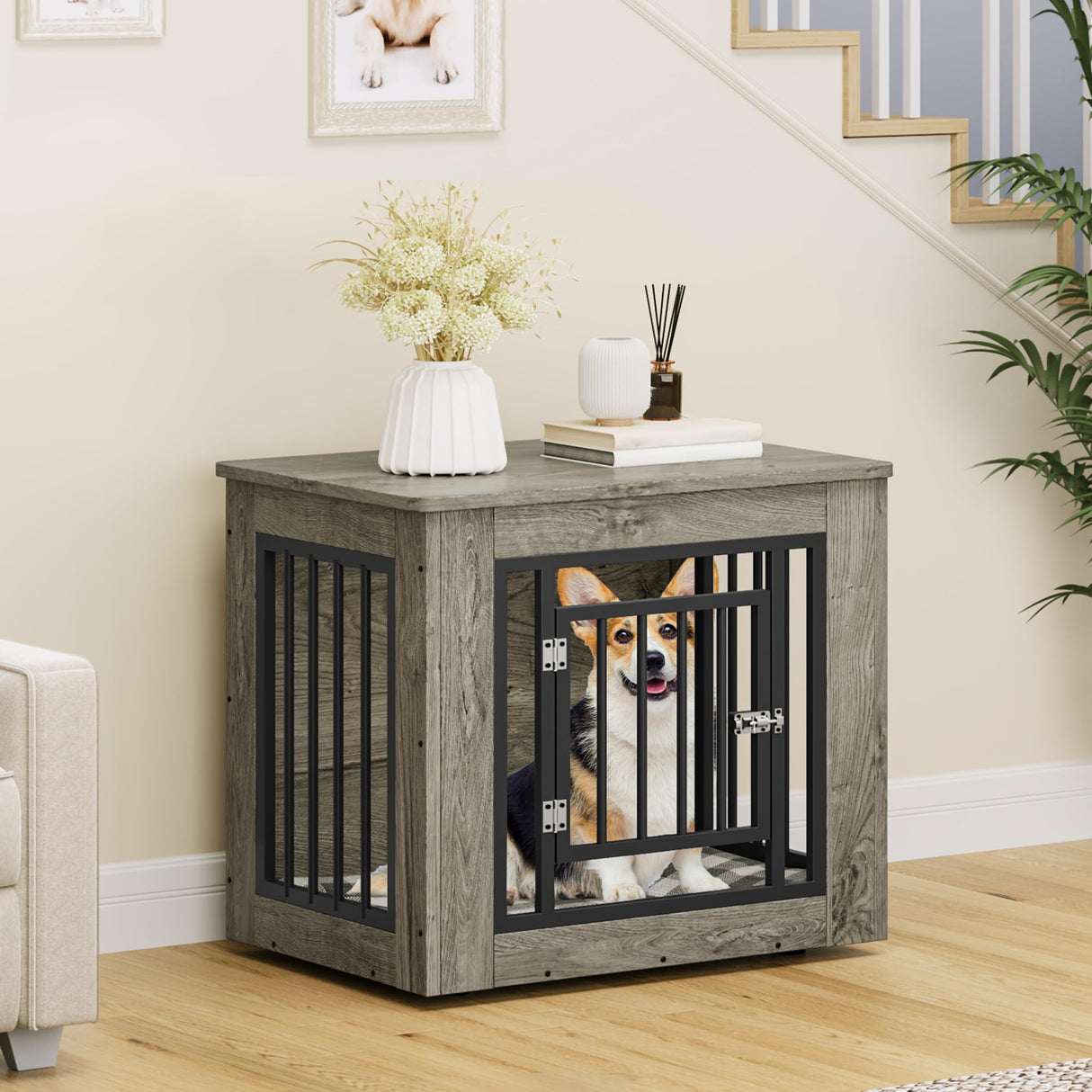 YITAHOME 27.2" L Dog Crate Furniture for Medium Dogs, 2-in-1 Iron-Wood Fusion Dog cage Indoor up to 30 lb, Side End Table, Modern Dogs Kennel with Waterproof Top, Safety Corners,Steel Lock,Grey YITAHOME
