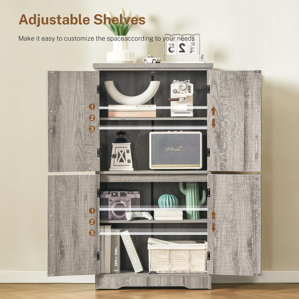 TEENFON Farmhouse Storage Cabinet with 2 Adjustable Shelves, Bathroom Cabinet with 4 Doors, Cupboard for Kitchen, Living Room, Rustic Gray TEENFON