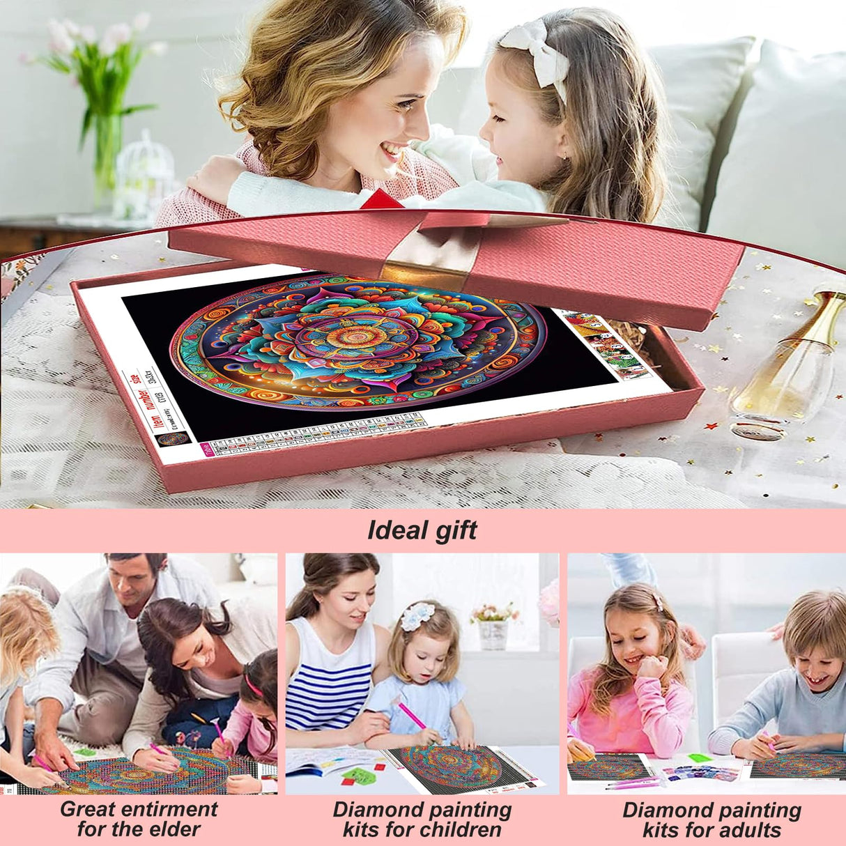 Stalente Diamond Painting Kits for Adults, 5D DIY Diamond Art Kits for Beginners Round Full Drill Diamond Painting for Home Wall Decoration Gift 12×12inch, Mandala Stalente