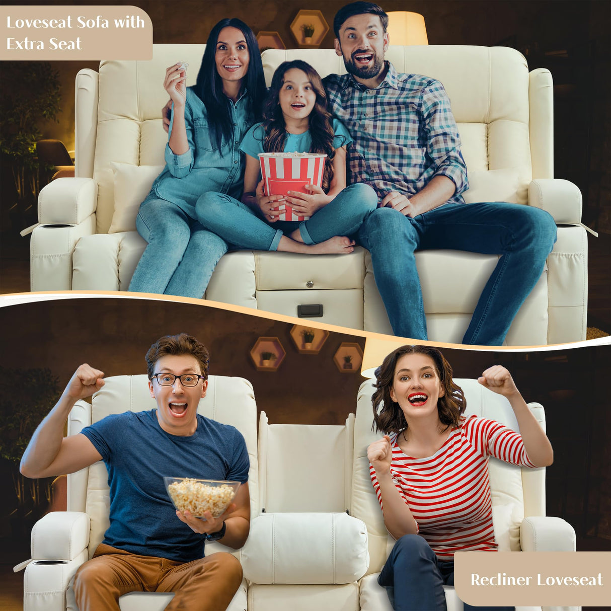 TUNYI Power Loveseat Recliner Sofa, Faux Leather Reclining Sofa with Console RV Reclining Loveseat Couch with USB/Outlet/Storage/Side Pocket/LED Light/Speaker (Cream White, Loveseat) TUNYI