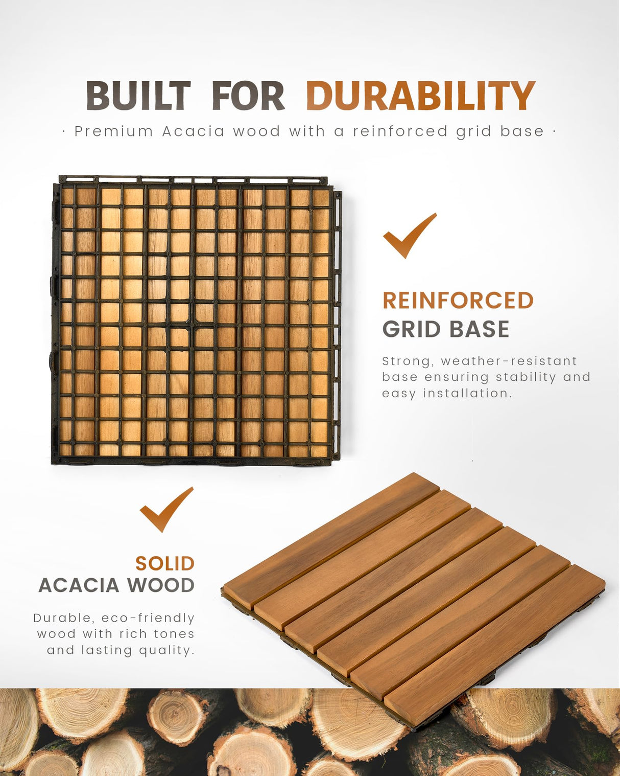 Upolana 9 PCS Interlocking Deck Tiles 12" x 12", 6 Slats Outdoor Flooring Acacia Wood Patio Tiles, Waterproof Patio Flooring Decking for Balcony Backyard, Indoor and Outdoor Use Upolana