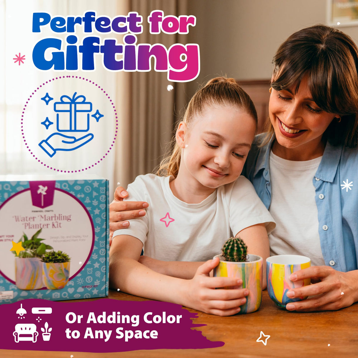 Pinwheel Crafts Water Marbling Paint Kit for Kids & Teens - Gift Art Kit for Kids 8-12+ with 2 Pots, Marble Paint and Tools - DIY Art Project for Girls & Boys to Create Your Own Planter Pot Design Pinwheel Crafts