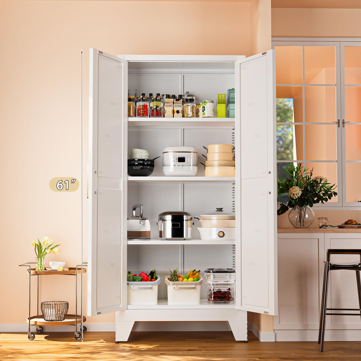 61" Tall Farmhouse Metal Pantry Cabinet, Kitchen Pantry Storage Cabinets with 2 Barn Door and Adjustable Shelves,Metal Pantry Storage Cabinet,for Kitchen,Laundry Room,Home Office,Kids Room (White) Washsemba