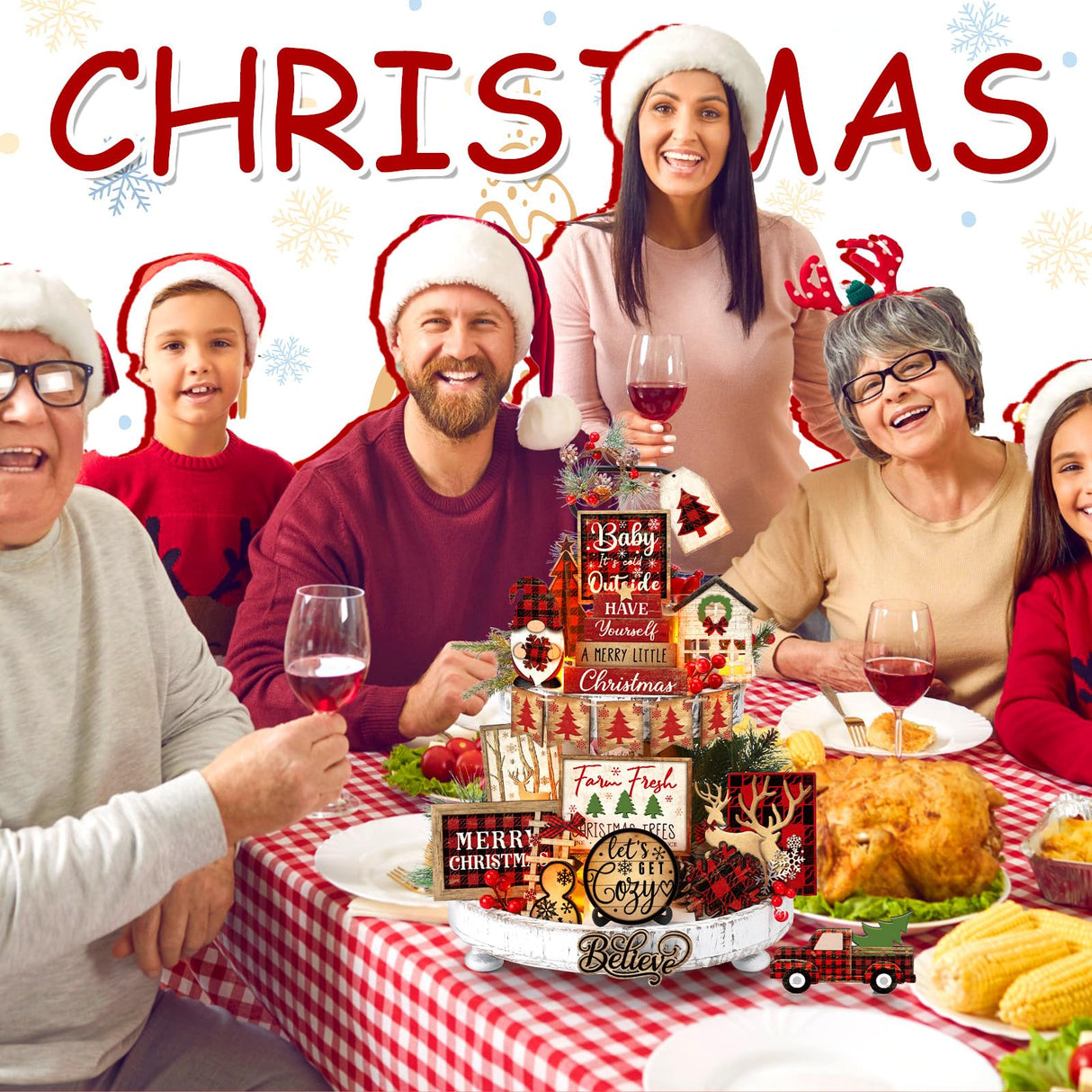 Shellwei 24 Pcs Christmas Tiered Tray Decor Wood Rustic Christmas Decoration for Home Table Shelf Christmas Winter Farmhouse Decor Xmas Trees Gnome Elk Snowflake Wooden Signs Buffalo Plaid Table Decor Shellwei