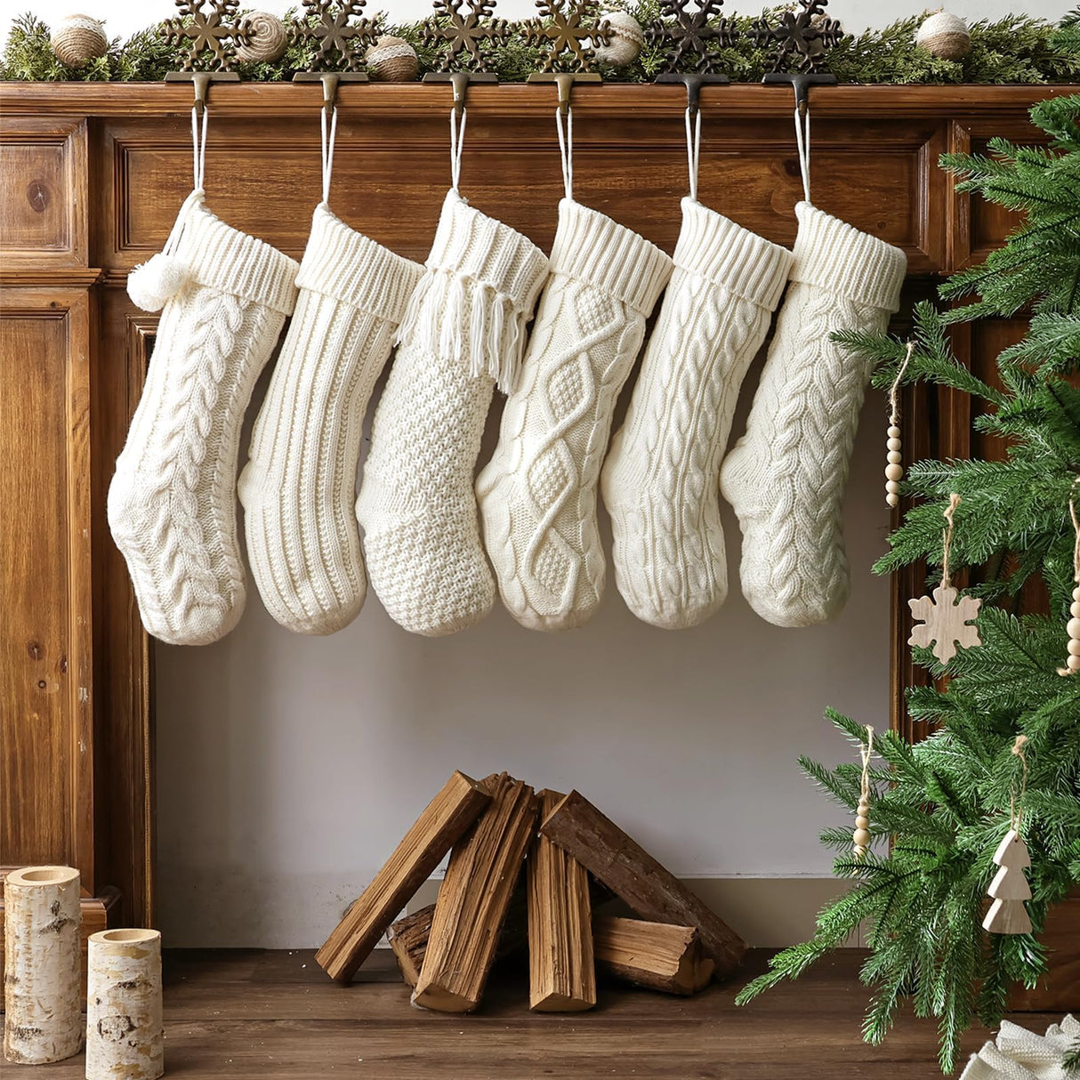 Christmas Stockings: 6 Pack 18 Inch Cream White Cable Knit PPersonalized Christmas Stockings, Rustic Hanging Xmas Stockings Farmhouse Boho Beige Knitted Stockings Decorations for Family Holiday Decor Pawliss