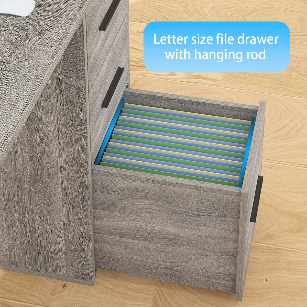 HSH Large L Shaped Desk with Storage File Cabinet,Corner L-Shaped Computer Desk with Drawers Shelves, Home Office Bedroom Metal Wood Study Writing Table Executive Workstation, Light Grey Oak, 59 Inch HSH