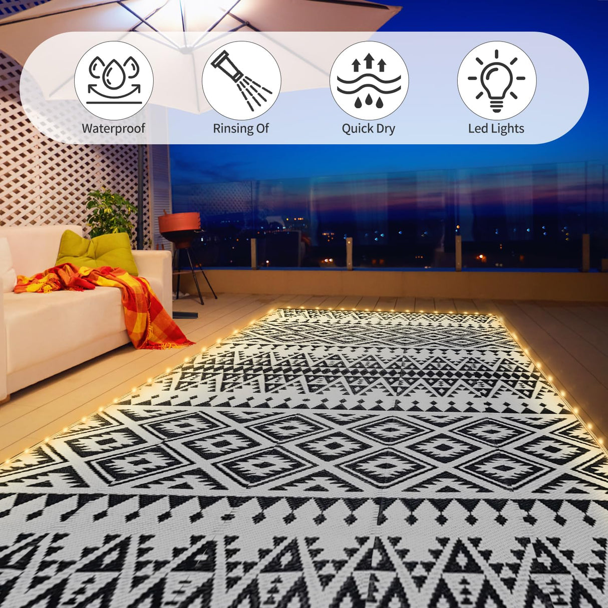 6x9ft Waterproof Outdoor Rug with LED Lights, Bohemia Reversible Plastic Straw Mat for Patio RV Camping Picnic Balcony Beach Deck Indoor Outdoor Carpet, Black&White DiiKoo