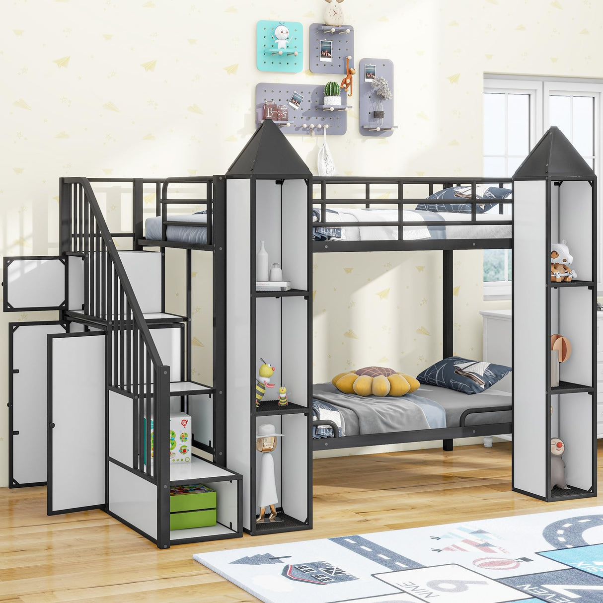 Harper & Bright Designs Twin Over Twin Metal Bunk Bed with Stairs and Storage Wardrobe, Castle-Shaped Bunk Bed Heavy-Duty Steel Frame, Noise Free,for Kids Teens Adults, Black+White Harper & Bright Designs
