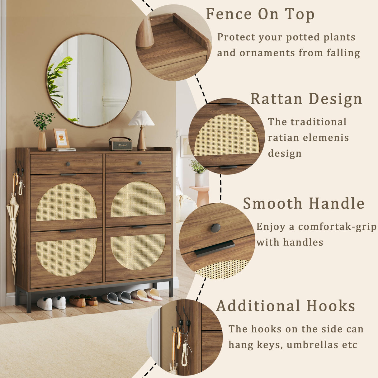 HUAHUU Rattan Shoe Cabinet with 4 Flip Drawers, Storage Cabinets with Adjustable Shelves, Narrow Shoe Cabinet with Metal Legs & Handles for Entryway, Hallway, Organizer, Rustic Oak Rattan HUAHUU