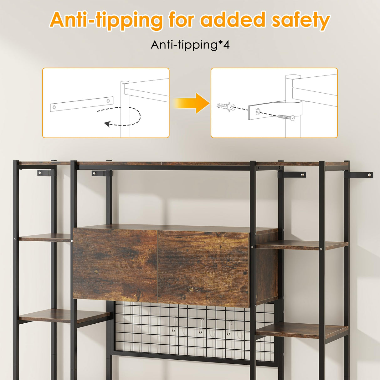 Nosepen 5 Tiers Rustic Bookshelf with Home Office Desk and RGB Lights and Power Outlet, 71.1" Tall Book Shelf with Drawer & Storage Cabinet & 12 Storage Shelves, Large Bookcase with 2 Doors, Brown Nosepen