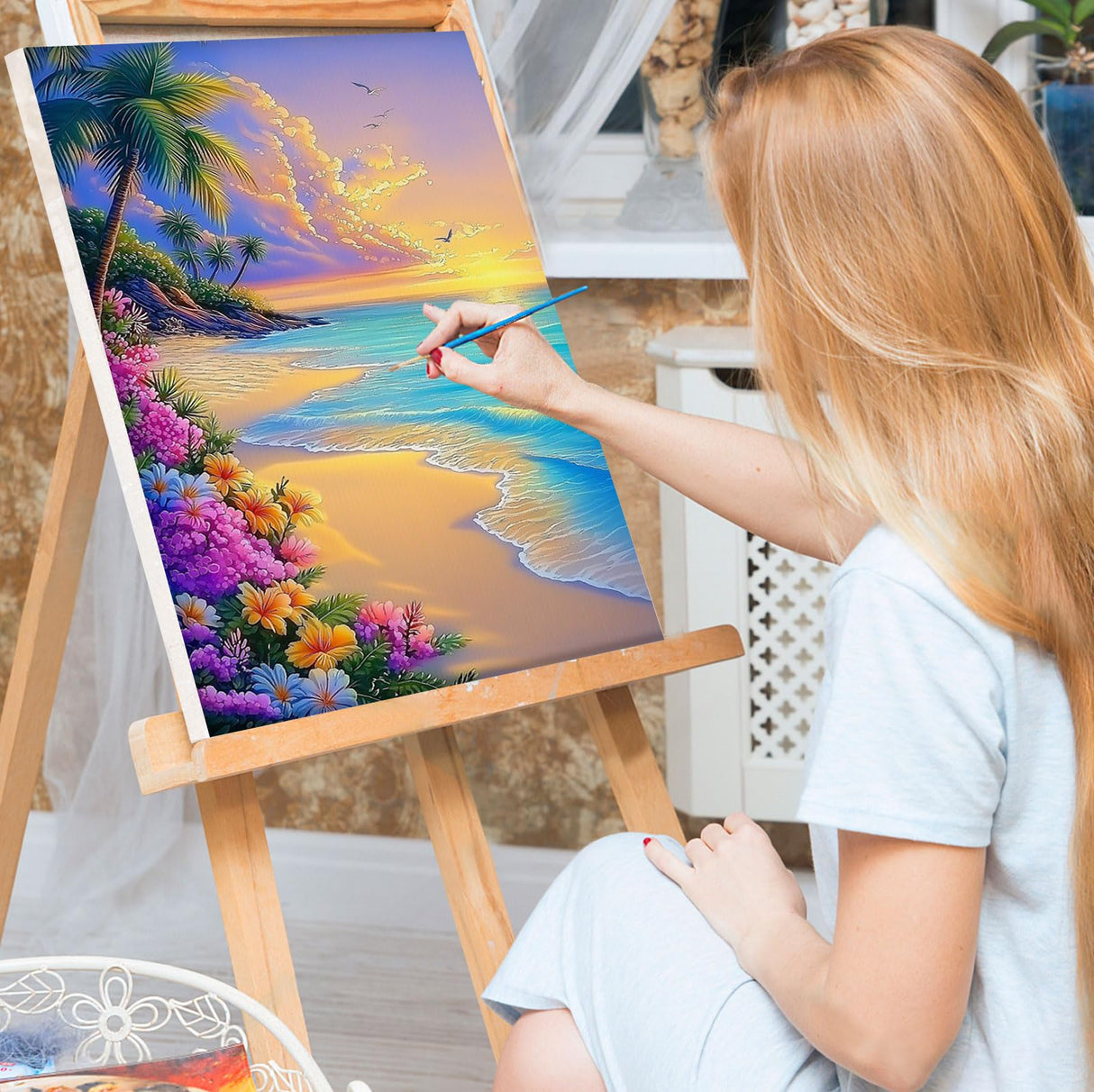 Bowetile Framed Paint by Numbers Sea for Adults Beginners, Adults' Paint-by-Number Landscape Kits, Easy Adult Paint by Number Kits on Canvas, Acrylic Number Painting for Home Decor, 8x12in Bowetile