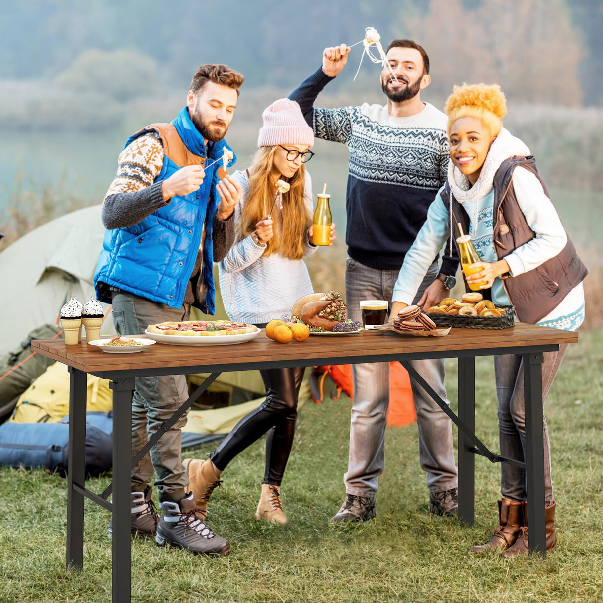 Tangkula Outdoor Dining Table for 4-6, No Assembly Foldable 59 Inches Narrow Patio Dining Table with Acacia Wood Top & Heavy Duty Metal Frame, for Yard, Garden, Poolside or Indoor (Natural) Tangkula