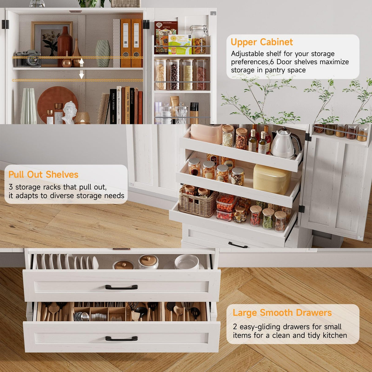 ONBRILL 71" Tall Farmhouse Kitchen Pantry Cabinet with 3 Pull Out Shelves & 2 Large Drawers, Pantry Storage Cabinet with 6 Door Shelves & Adjustable Shelf, Freestanding Pantry for Kitchen, Dining Room ONBRILL