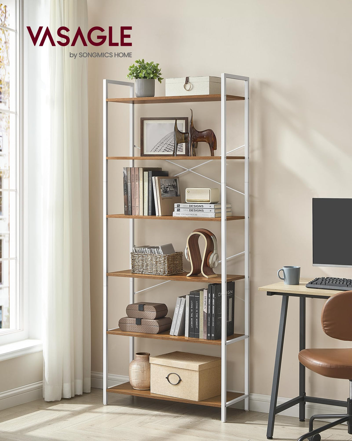 VASAGLE 6-Tier Bookshelf, Bookcase with Steel Frame, Book Shelf for Living Room, Home Office, Study, 11.8 x 31.5 x 73.2 Inches, Industrial Style, Honey Brown and Cloud White ULLS082K01 VASAGLE