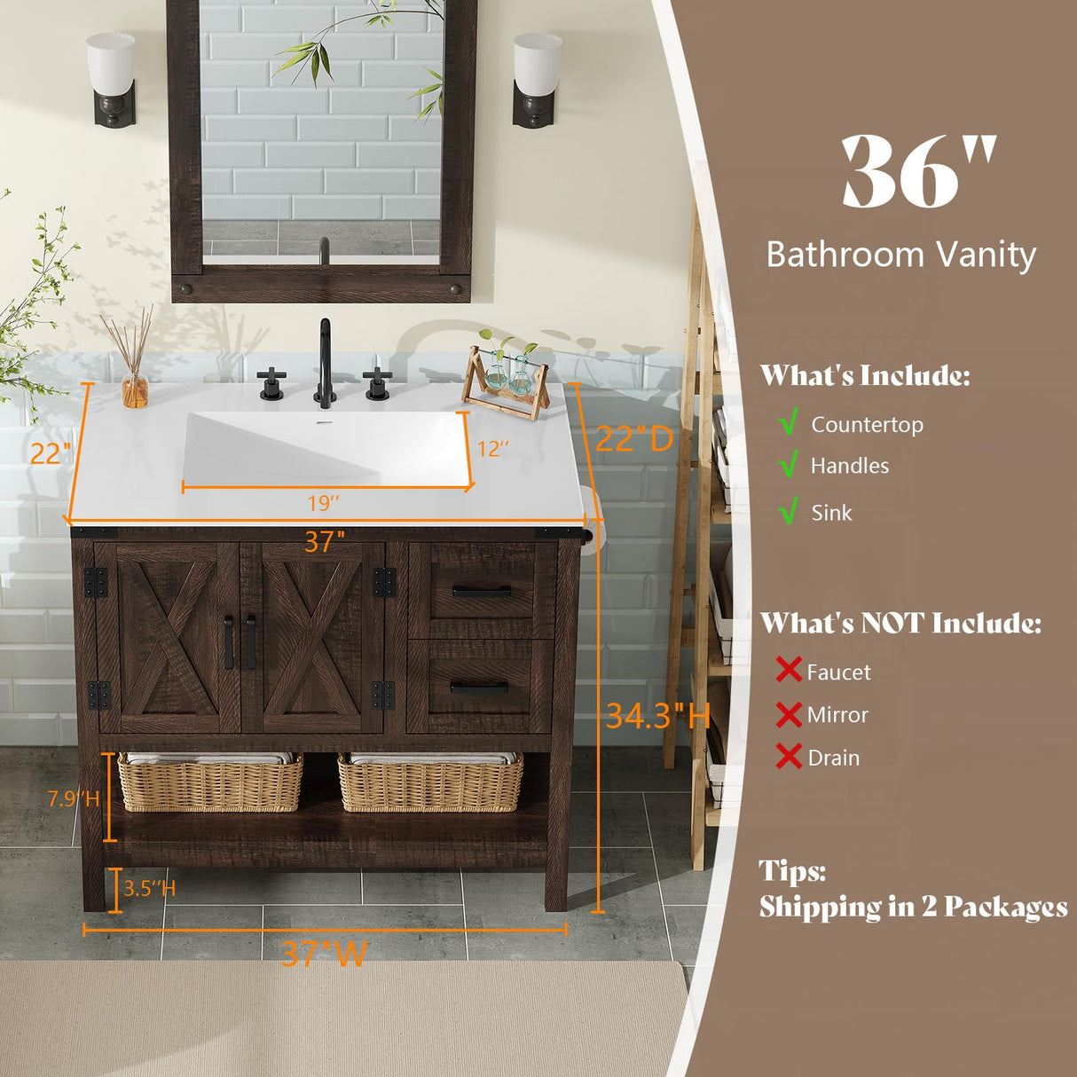 AMERLIFE 36" Farmhouse Bathroom Vanity with Sink Combo, Freestanding Small Single Wood Barn Door Bath Storage Cabinet Set with Sliding Drawers & Open Shelf, Paper Towel Holder, Rustic Brown AMERLIFE